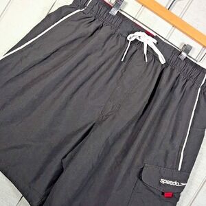 90s‎ Speedo Swim Trunks Men's X-Large Spell Out Stitched Black Water Vintage